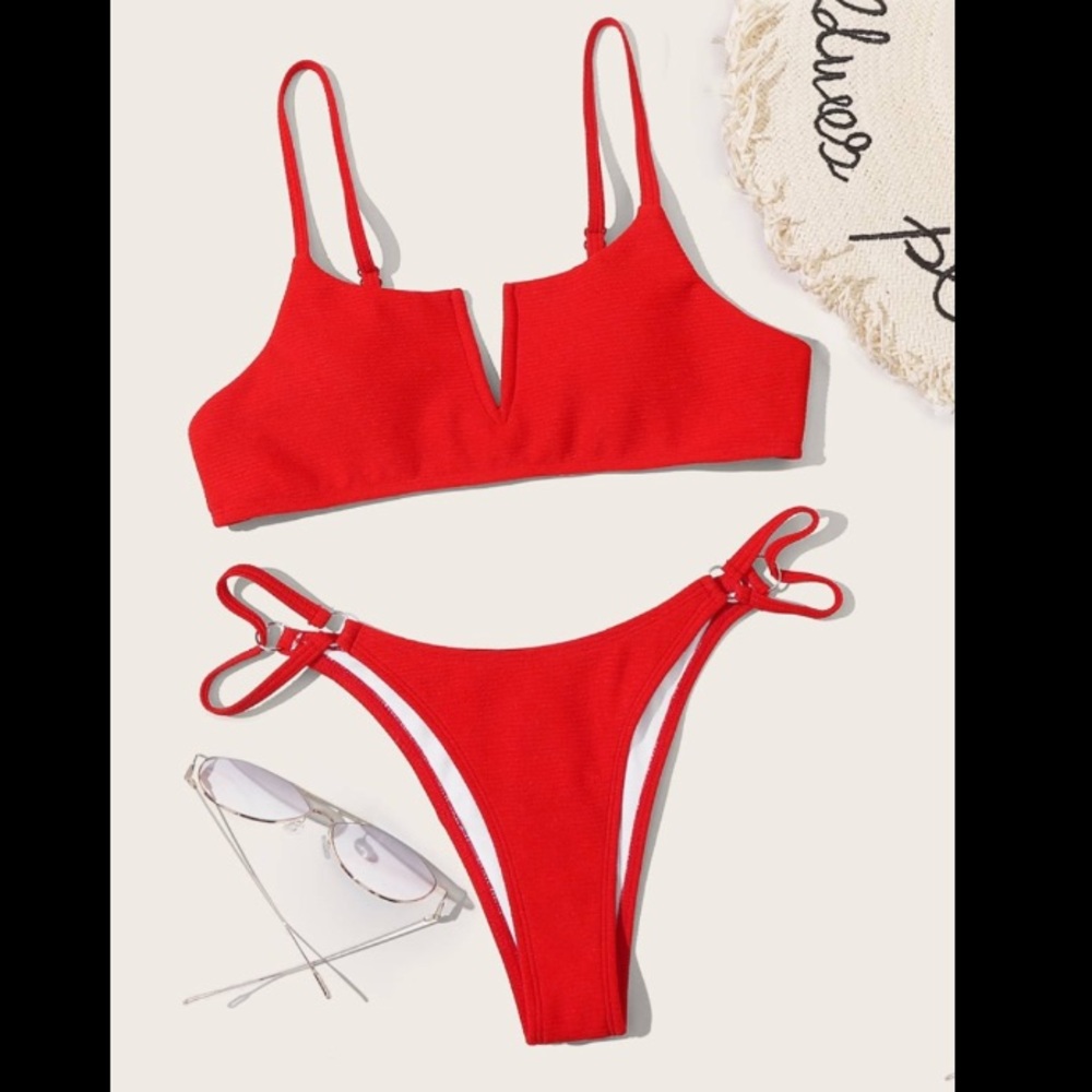 Rib V wired bandeau tanga bikini swimsuit